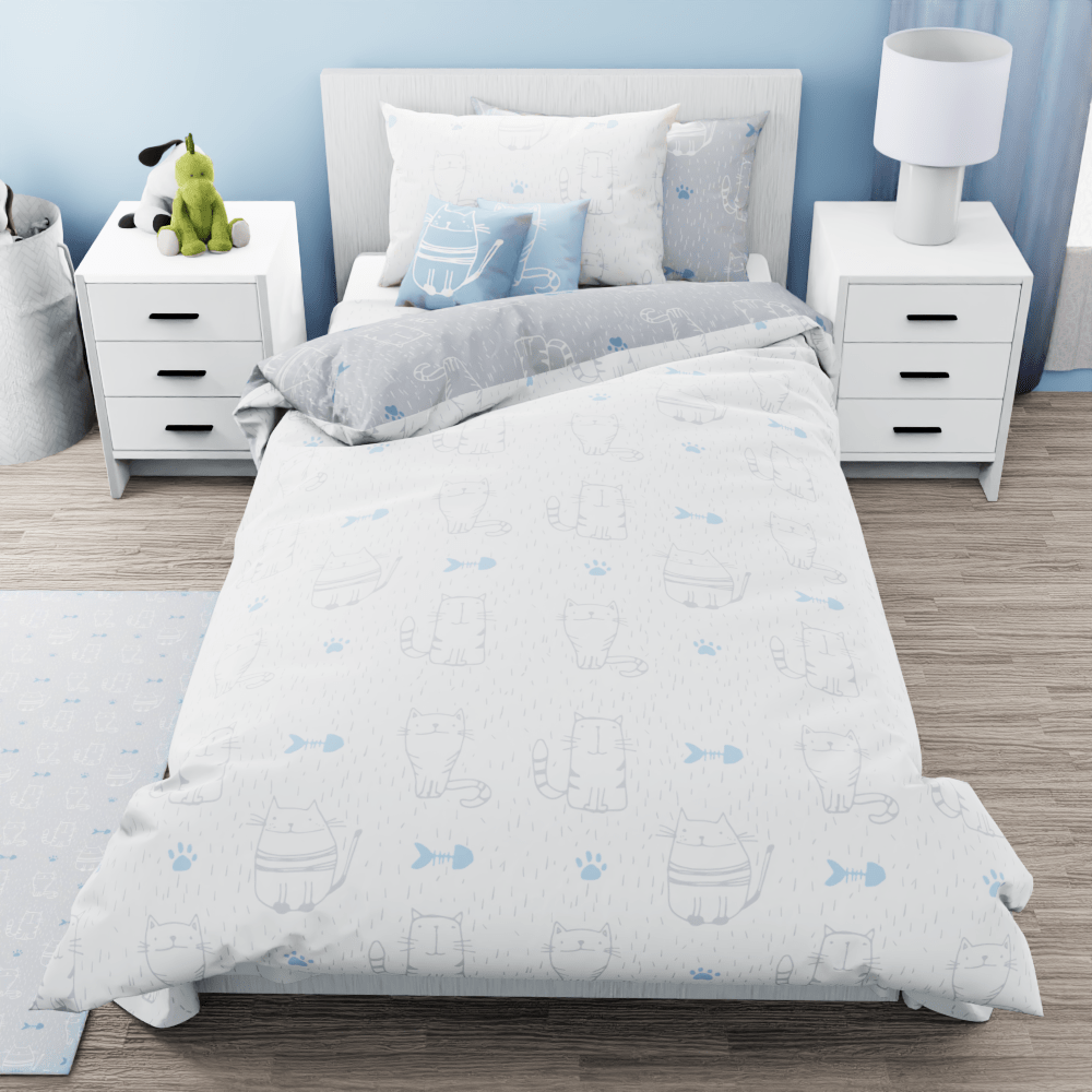 Cat Pattern Grey Reversible Duvet Bed Set - Kidz Bedding