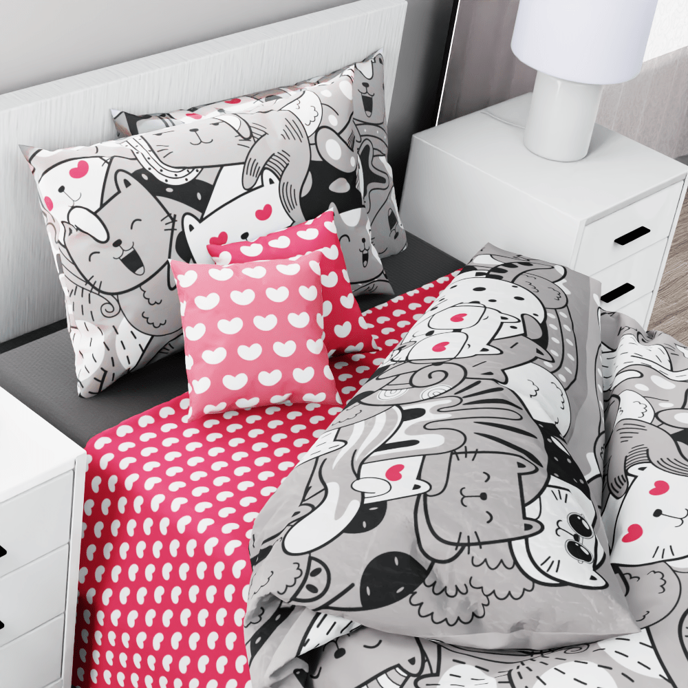 Cats and Hearts Reversible Duvet Bed Set - Kidz Bedding