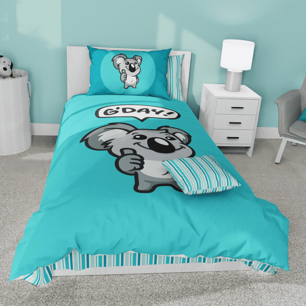 G'Day Koala Blue Striped Reversible Duvet Bed Set - Kidz Bedding