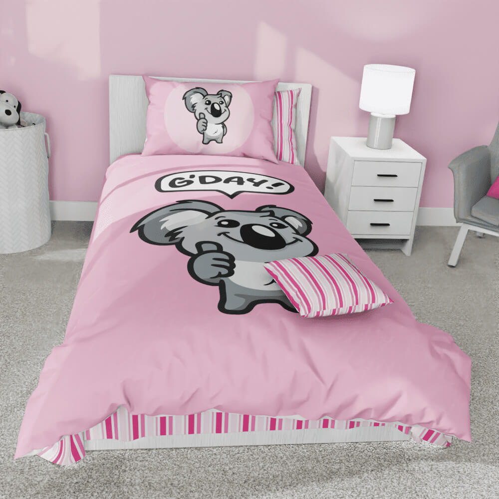 G'Day Koala Pink Striped Reversible Duvet Bed Set - Kidz Bedding